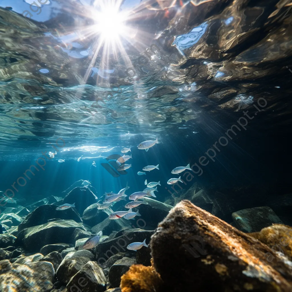 Underwater view of fish in a rock pool with sunlight - Image 2