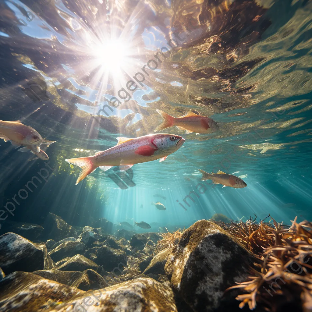 Underwater view of fish in a rock pool with sunlight - Image 4