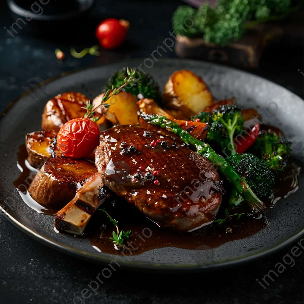 Plate of gourmet duck confit with vegetables and sauce - Image 1