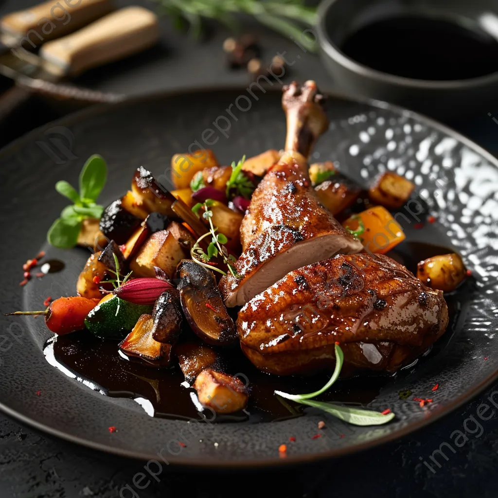 Plate of gourmet duck confit with vegetables and sauce - Image 2