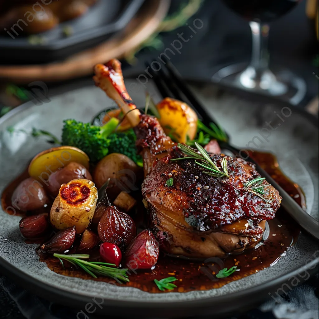 Plate of gourmet duck confit with vegetables and sauce - Image 3