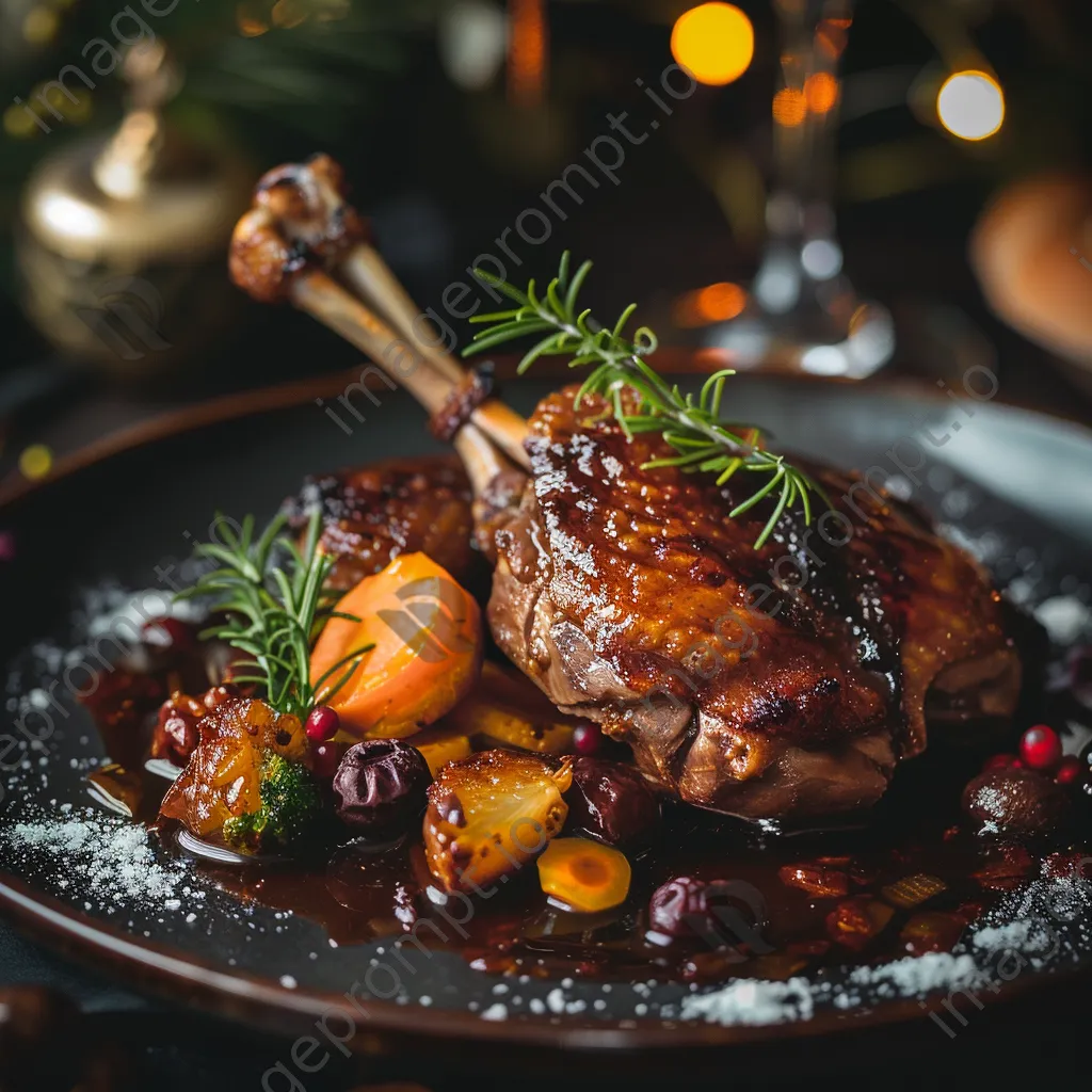 Plate of gourmet duck confit with vegetables and sauce - Image 4