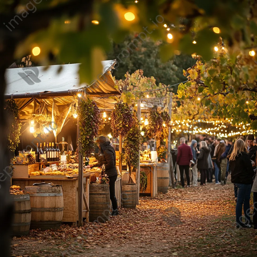 Families enjoying a harvest festival in a vineyard with twinkling lights. - Image 1