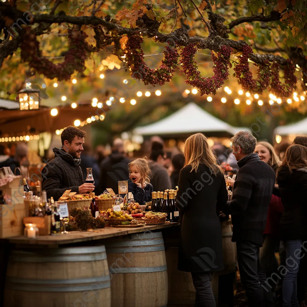 Families enjoying a harvest festival in a vineyard with twinkling lights. - Image 3