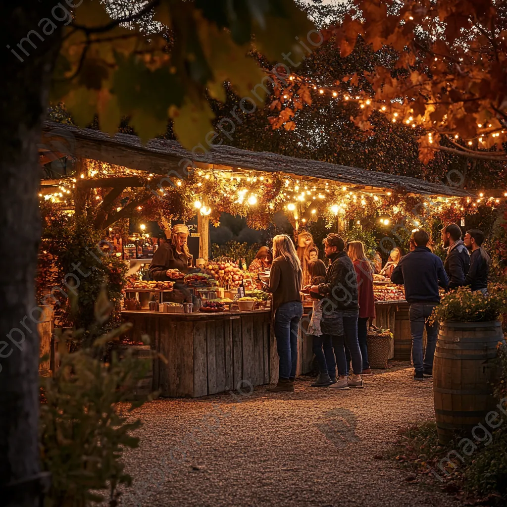 Families enjoying a harvest festival in a vineyard with twinkling lights. - Image 4