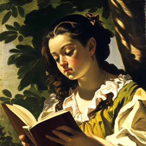 Young Girl Reading Book under Tree in Sunlight - Image Generated - Image 1