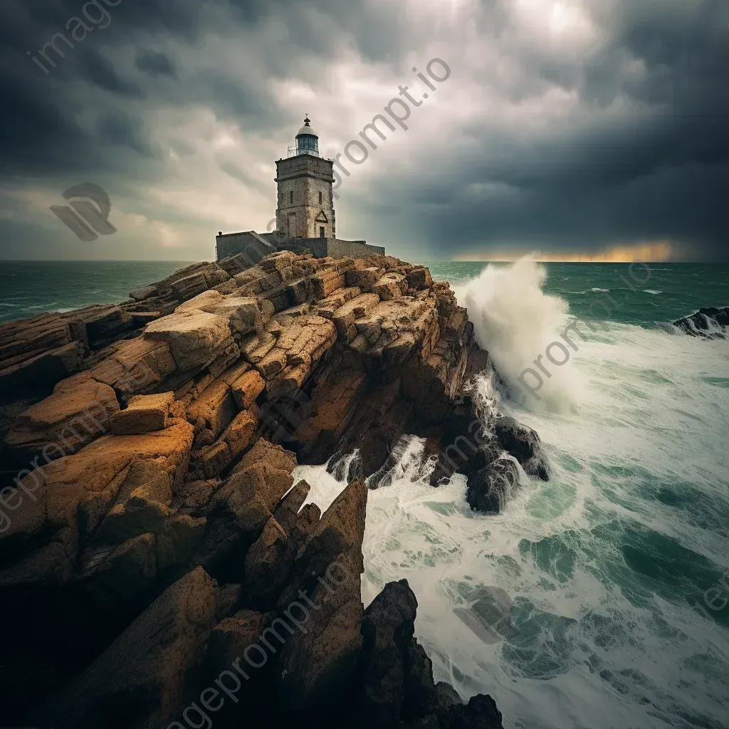 Ancient cliffside lighthouse with crashing waves - Image 1