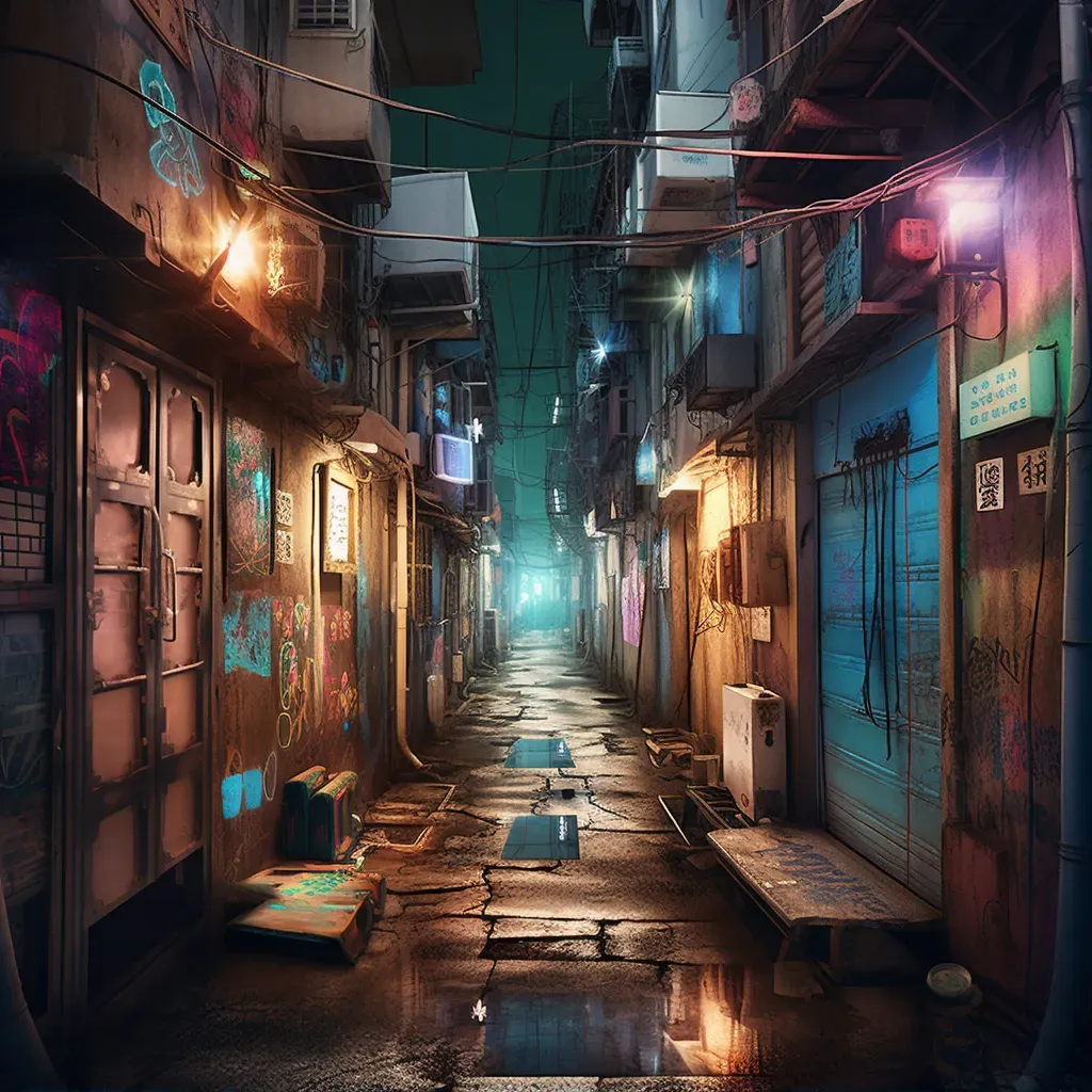 Image of an alleyway night scene with neon light pools - Image 1