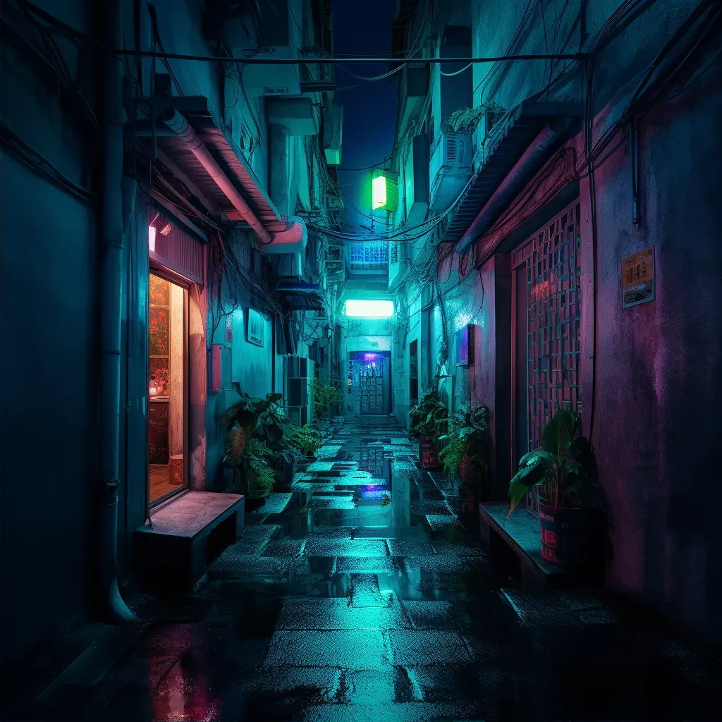 Image of an alleyway night scene with neon light pools - Image 2