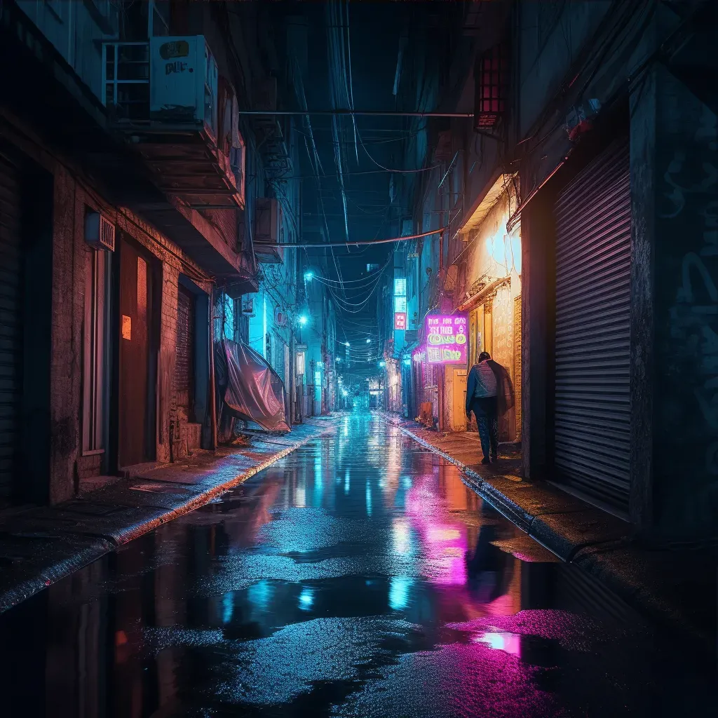 Image of an alleyway night scene with neon light pools - Image 3