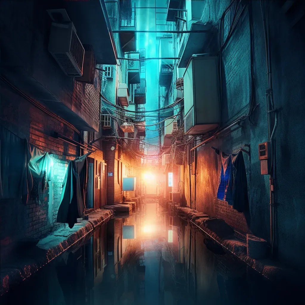 Image of an alleyway night scene with neon light pools - Image 4