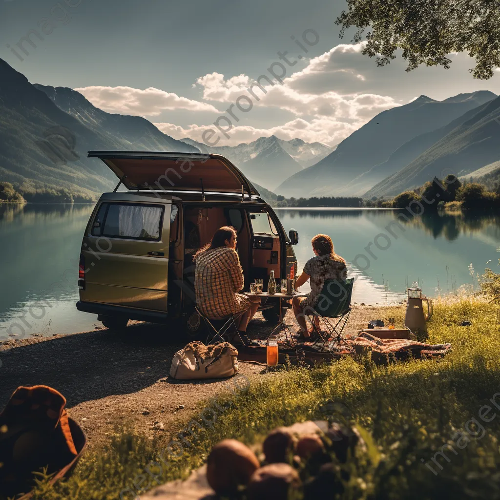 Couple having a picnic beside their modern van by a lake - Image 1