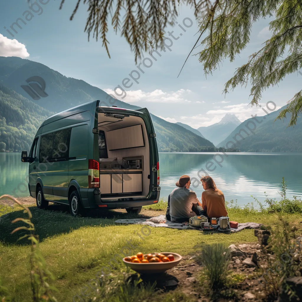 Couple having a picnic beside their modern van by a lake - Image 2