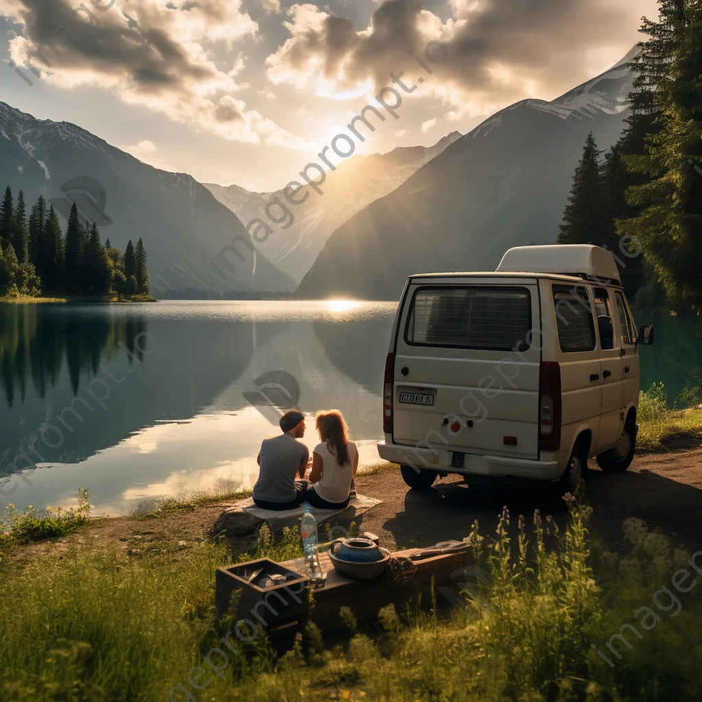 Couple having a picnic beside their modern van by a lake - Image 4