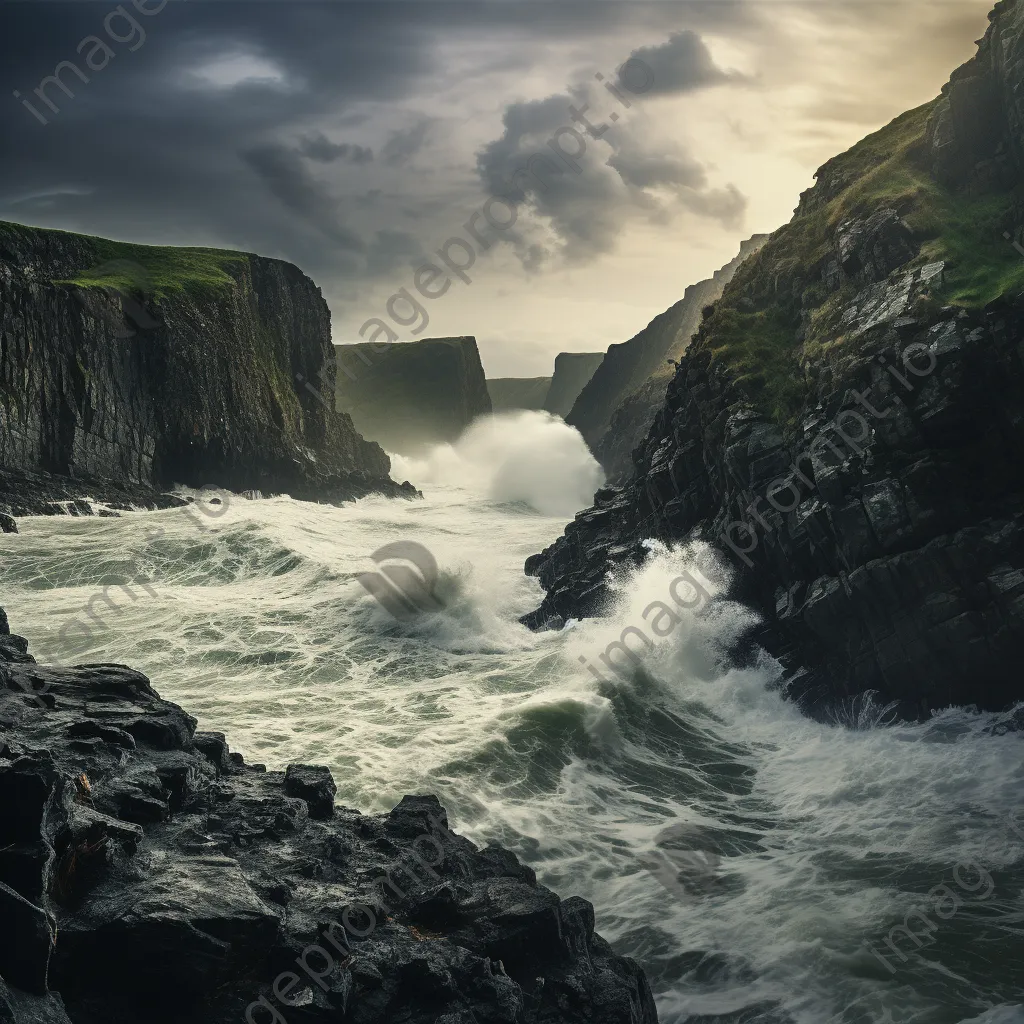 Cliffs where river meets ocean with crashing waves - Image 2