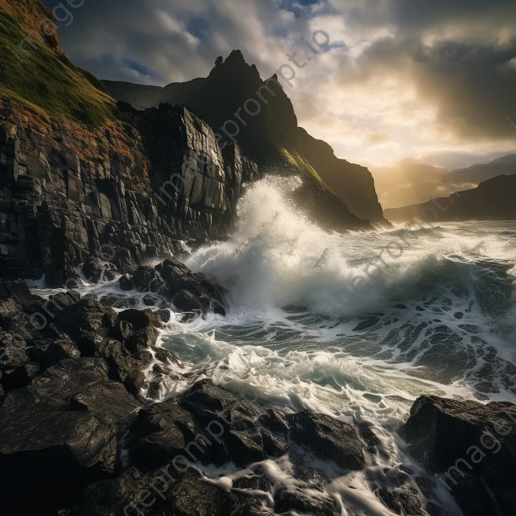 Cliffs where river meets ocean with crashing waves - Image 4