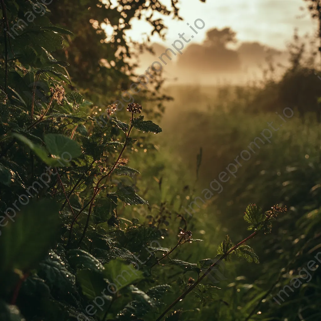 Forager gathering herbs at dawn in hedgerow - Image 1