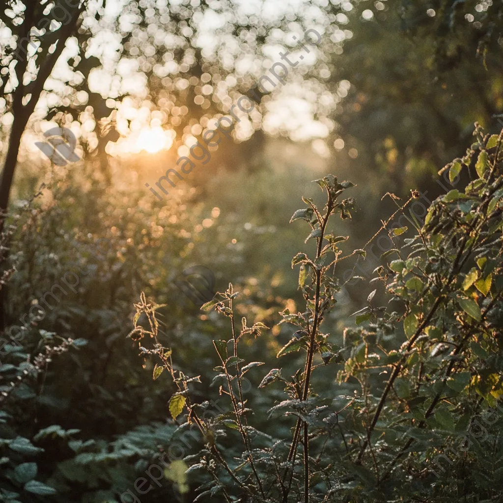 Forager gathering herbs at dawn in hedgerow - Image 4