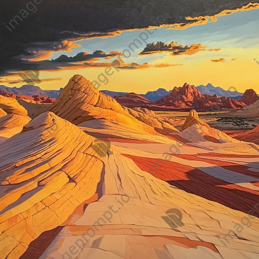 Golden sunset illuminating intricate desert rock formations - Image 1