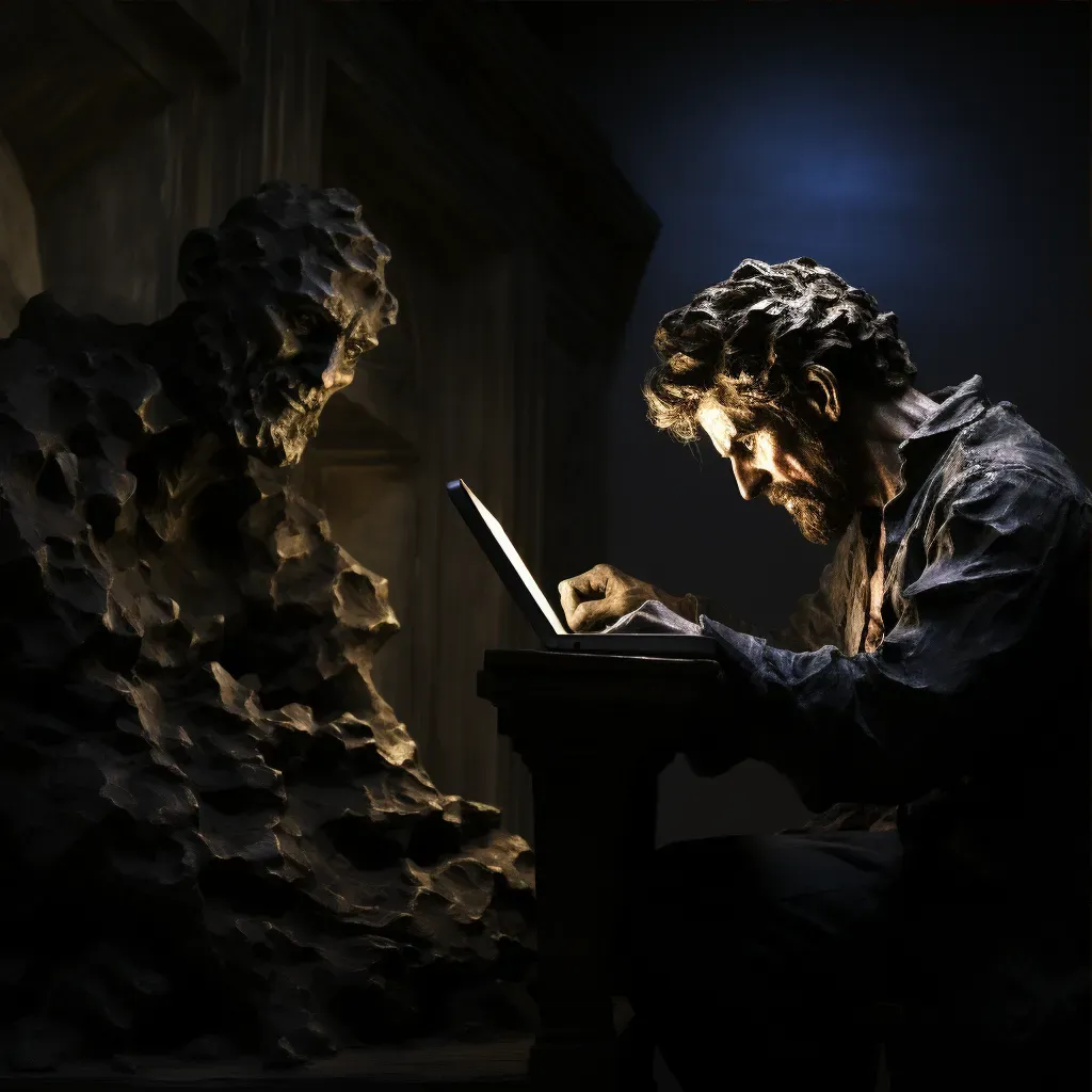 Digital artist sitting in a dimly lit room, face illuminated by light from drawing tablet - Image 3