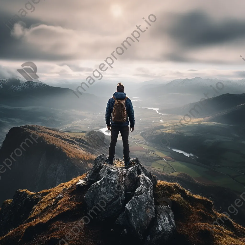 Adventurer standing atop a rocky mountain ridge - Image 1