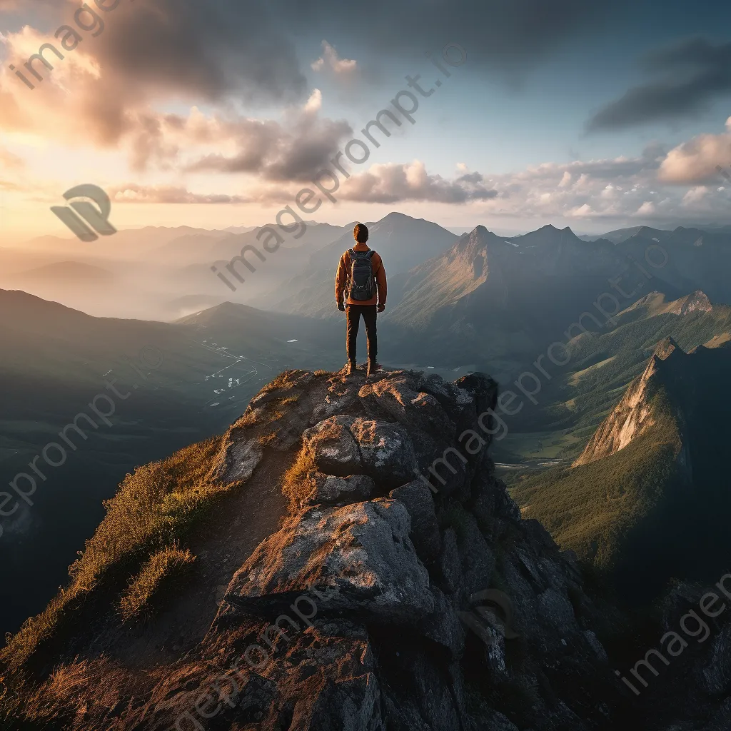 Adventurer standing atop a rocky mountain ridge - Image 2