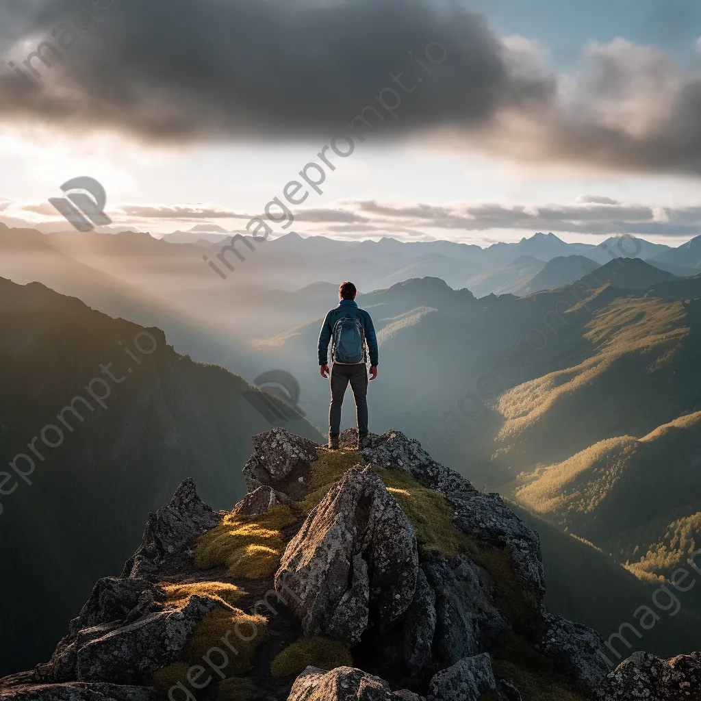 Adventurer standing atop a rocky mountain ridge - Image 3