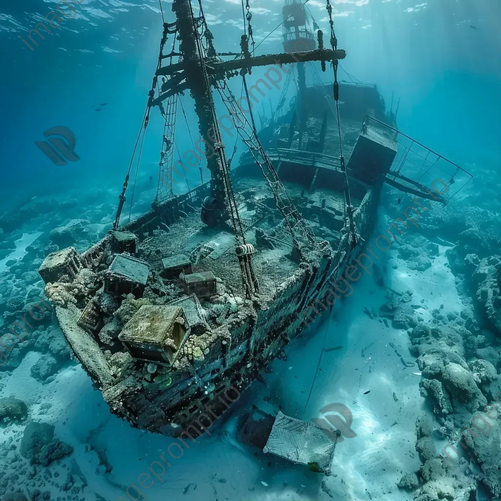 Sunken pirate ship and treasure chests underwater - Image 1