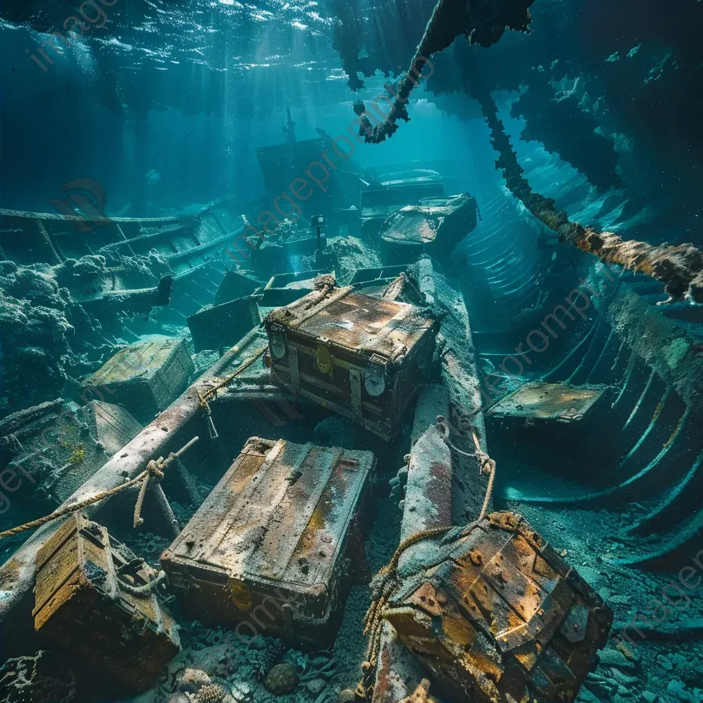 Sunken pirate ship and treasure chests underwater - Image 2