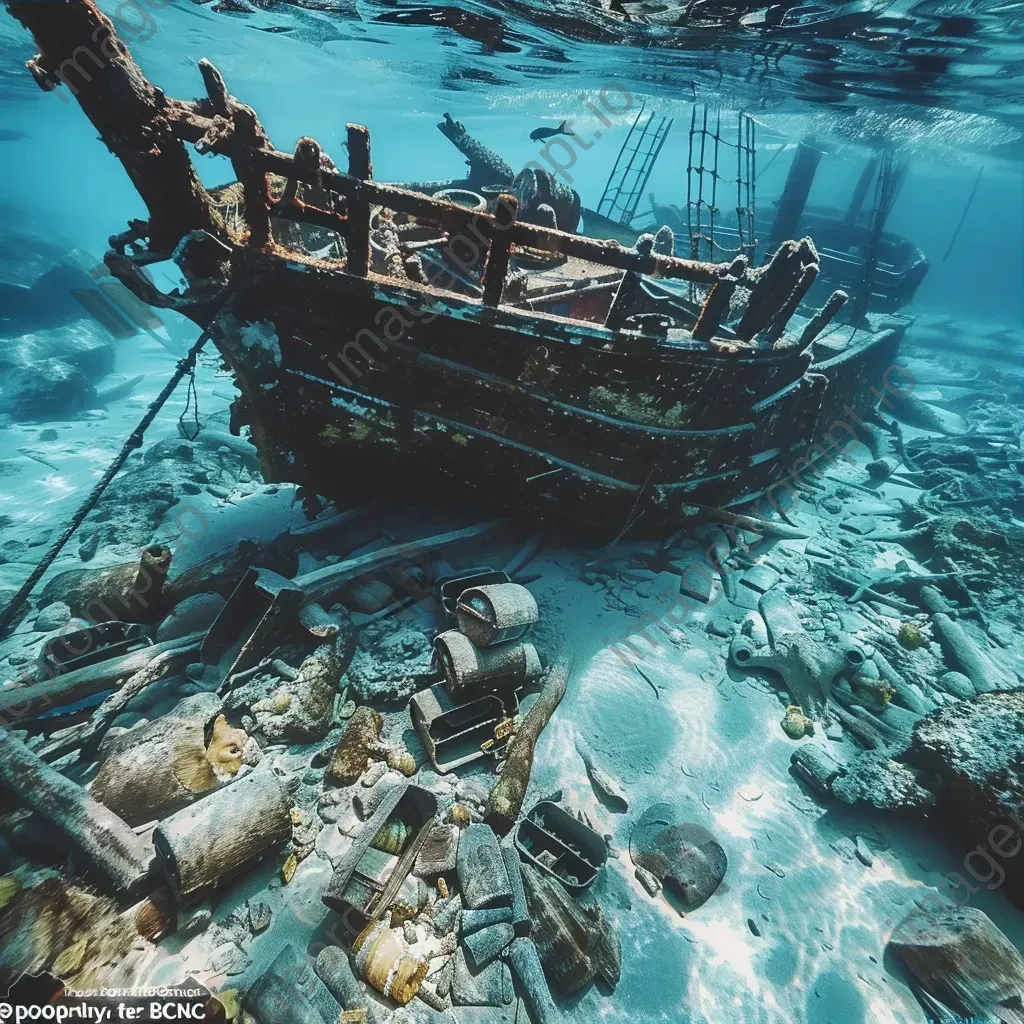 Sunken pirate ship and treasure chests underwater - Image 3