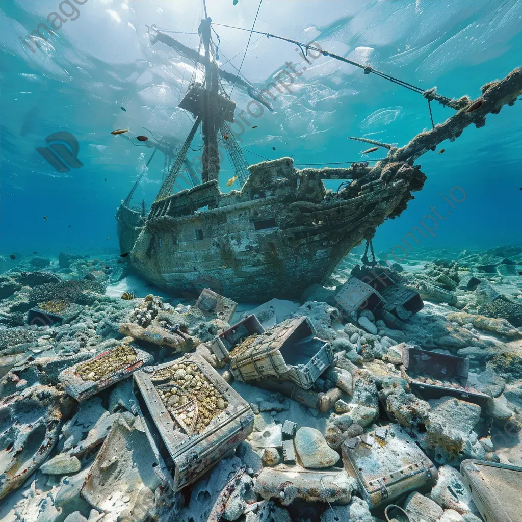 Sunken pirate ship and treasure chests underwater - Image 4