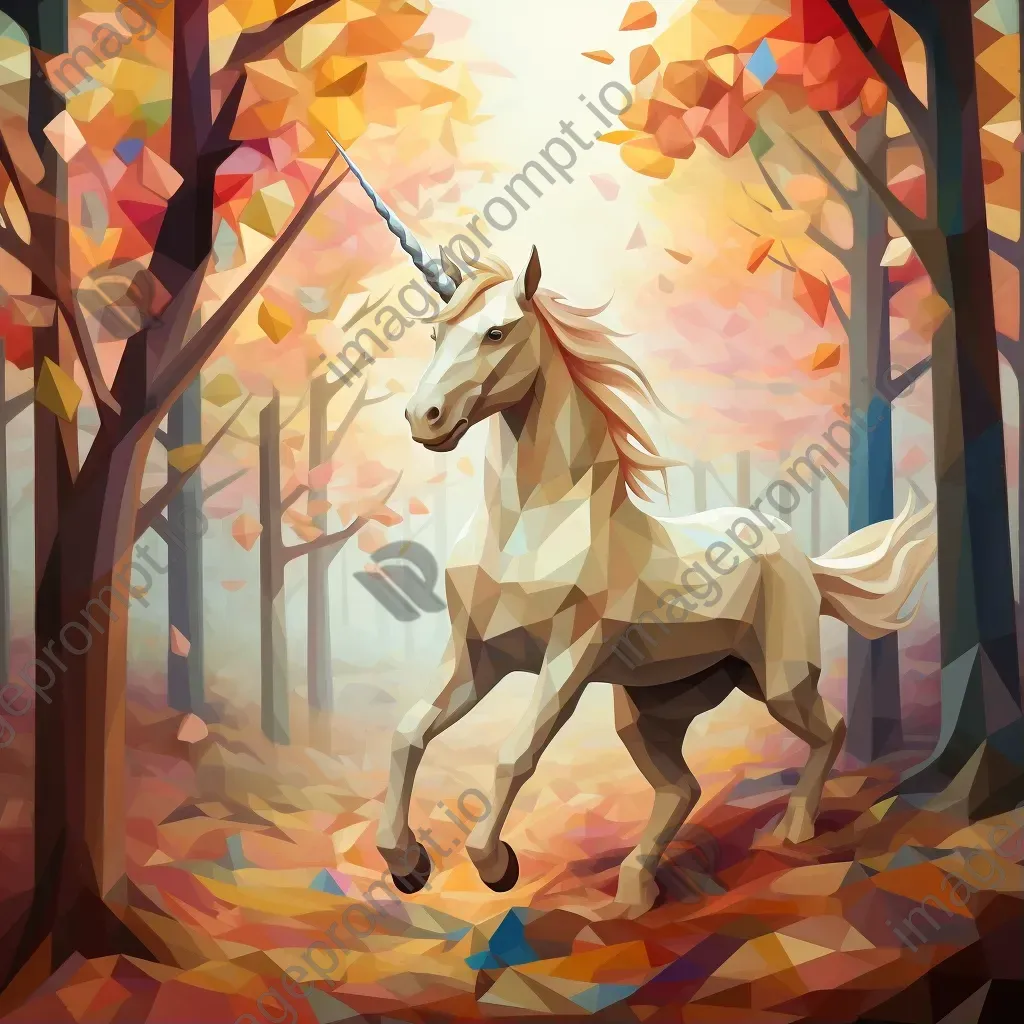 Enchanting low poly unicorn amidst captivating pastel autumn forest - Image 1