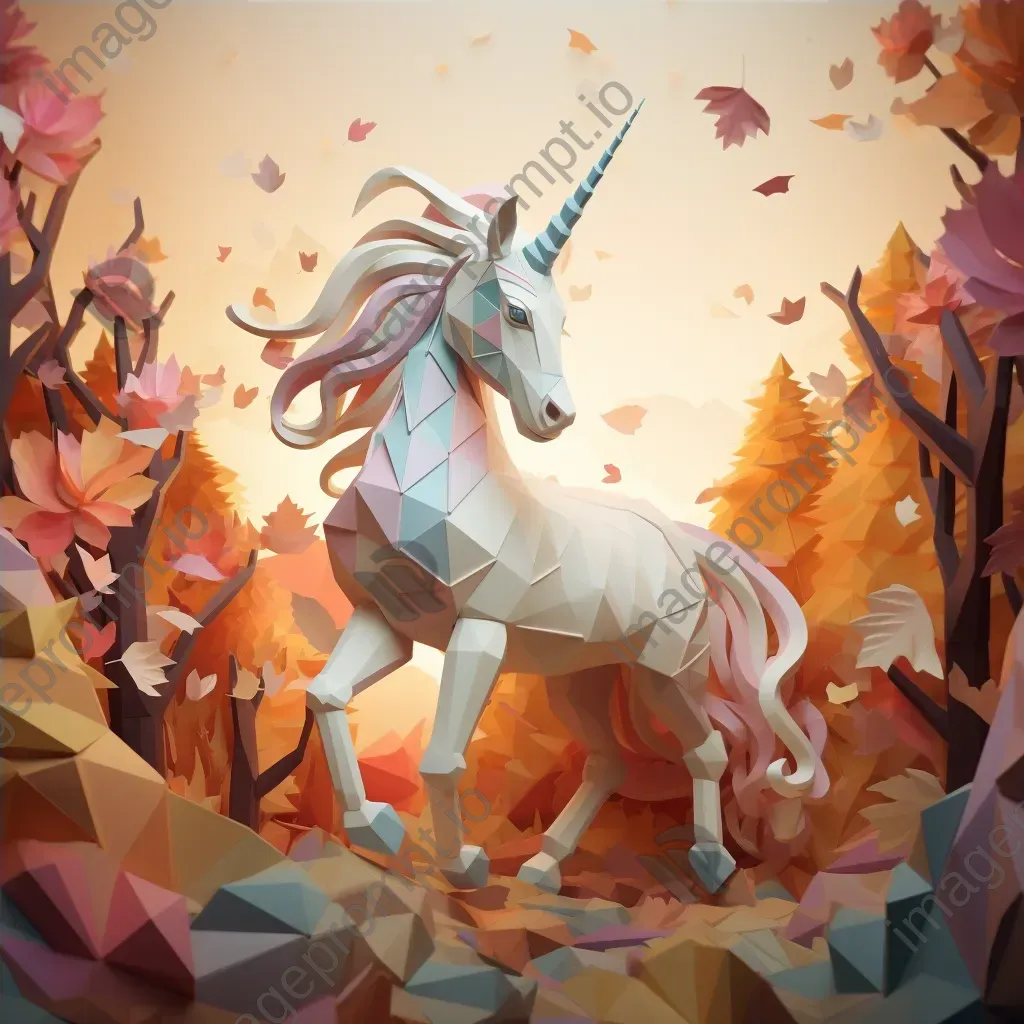 Enchanting low poly unicorn amidst captivating pastel autumn forest - Image 4