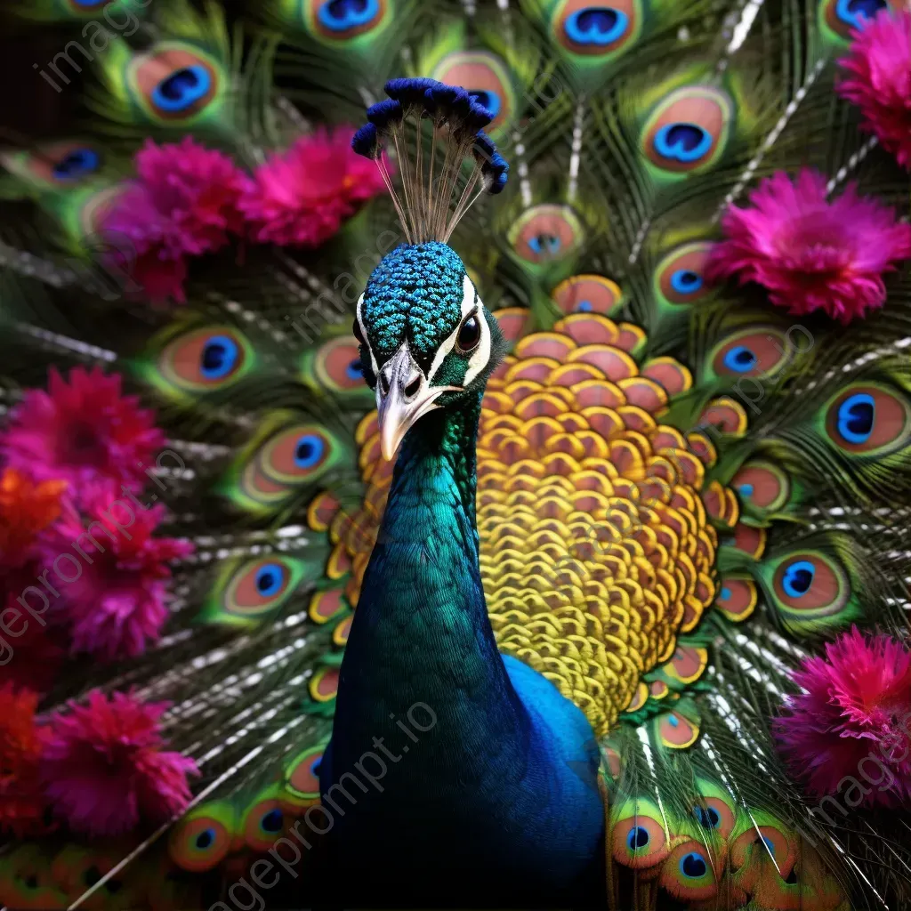 Peacock with vibrant feathers in lush garden with floral patterns - Image 1