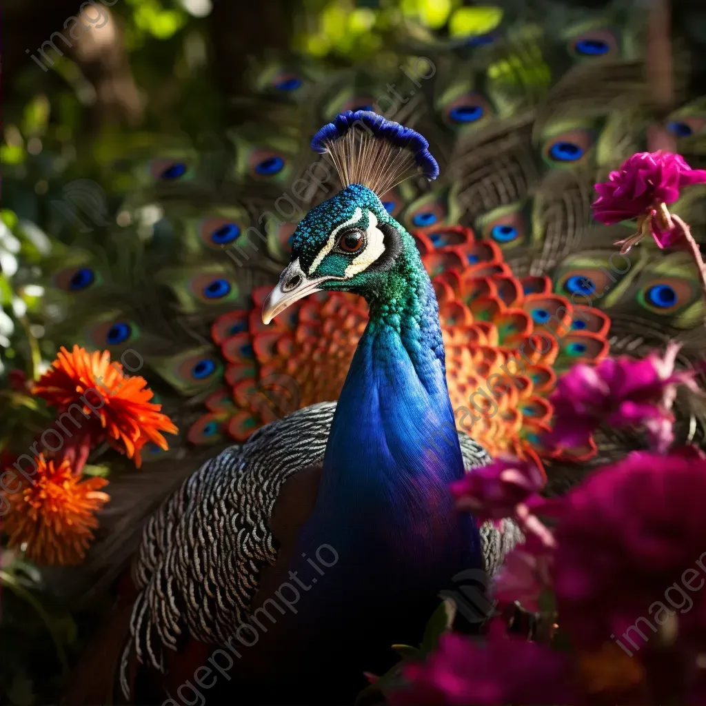 Peacock with vibrant feathers in lush garden with floral patterns - Image 2