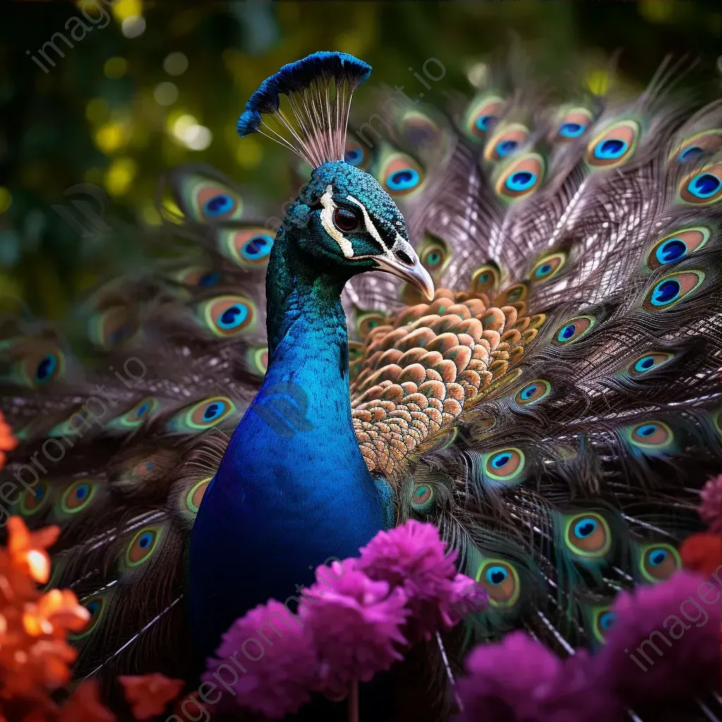 Peacock with vibrant feathers in lush garden with floral patterns - Image 3