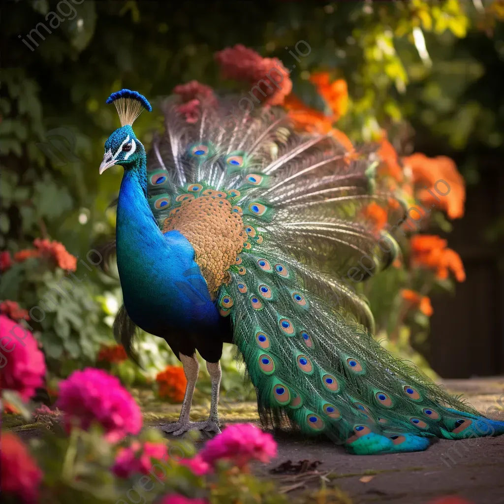 Peacock with vibrant feathers in lush garden with floral patterns - Image 4