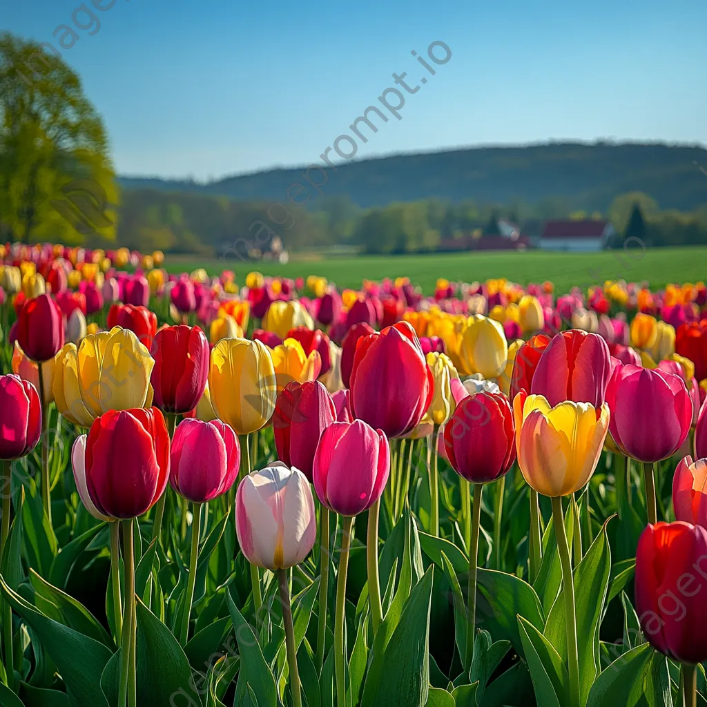 Colorful tulip field with a clear sky and village in the distance - Image 2