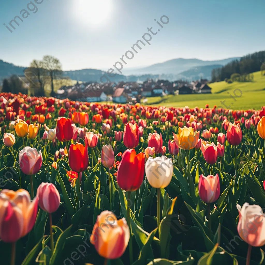 Colorful tulip field with a clear sky and village in the distance - Image 3