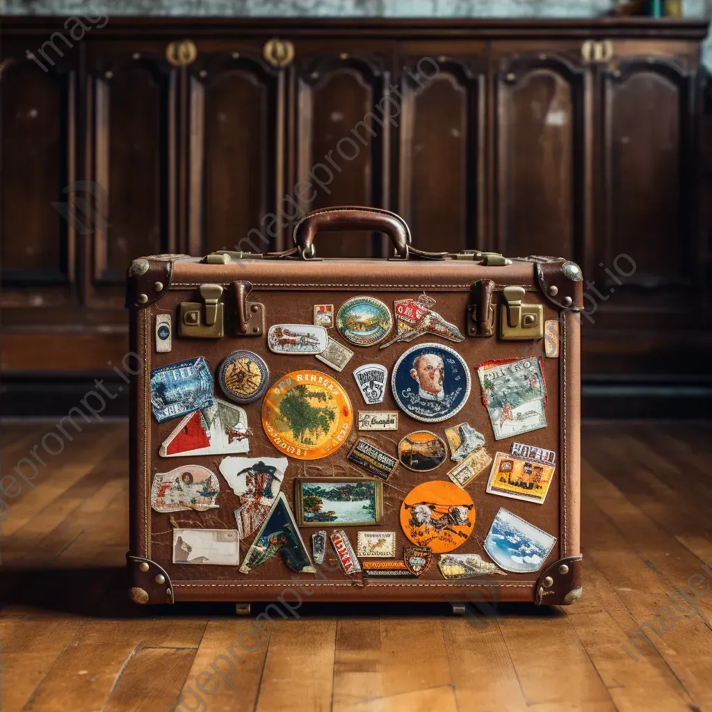 Vintage leather suitcase with travel stickers - Image 4