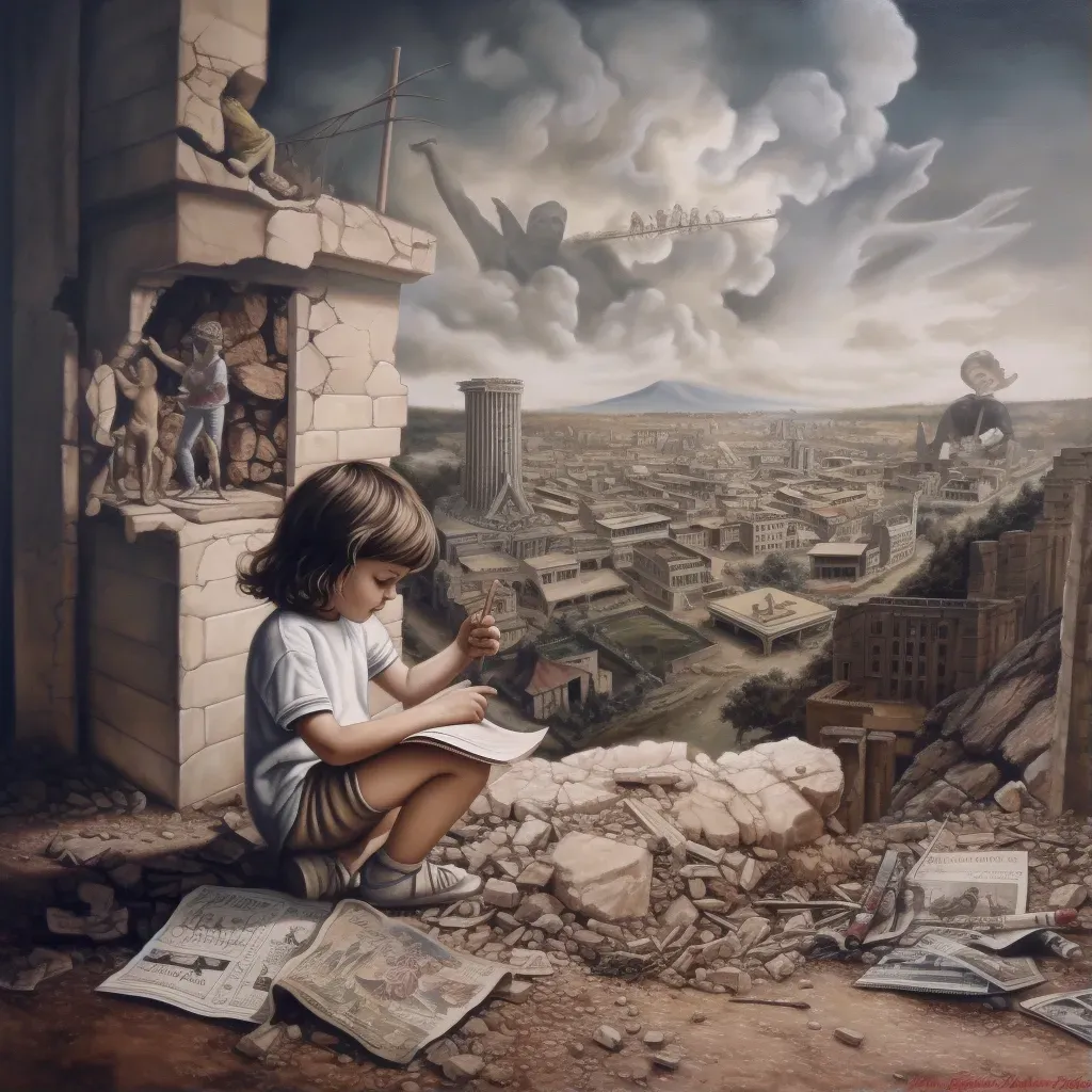 Image of a child painting a mural on a demolished wall, symbolizing innocence and hope amid conflict - Image 1