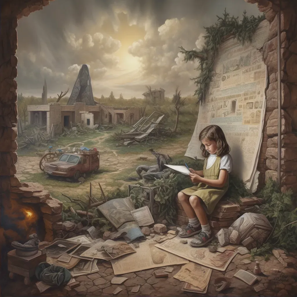 Image of a child painting a mural on a demolished wall, symbolizing innocence and hope amid conflict - Image 2