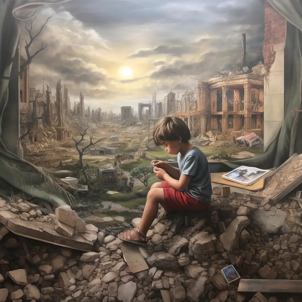 Image of a child painting a mural on a demolished wall, symbolizing innocence and hope amid conflict - Image 3