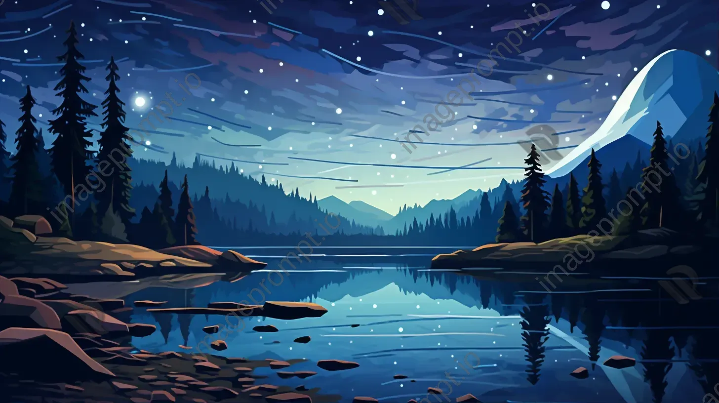 Polygonal depiction of a starry night over a quiet lake - Image 1