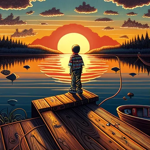 Young boy fishing on wooden dock at sunset by calm lake - Image 1