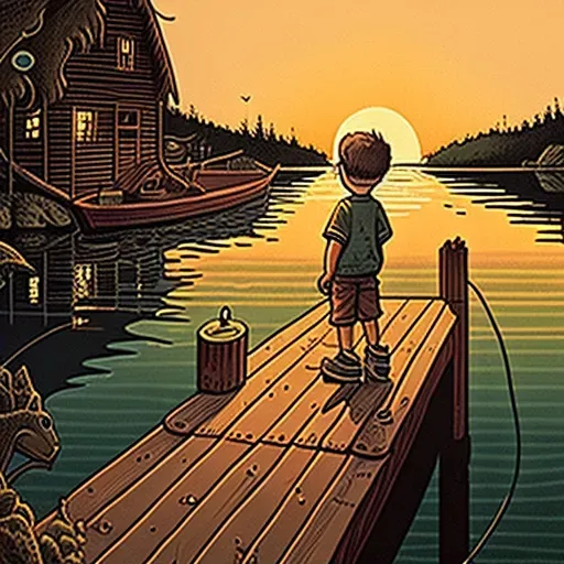 Young boy fishing on wooden dock at sunset by calm lake - Image 2