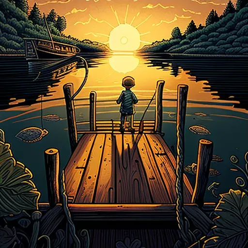 Young boy fishing on wooden dock at sunset by calm lake - Image 3