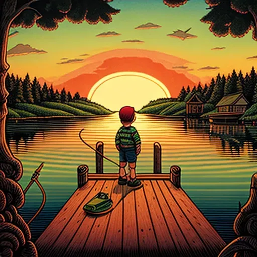 Young boy fishing on wooden dock at sunset by calm lake - Image 4