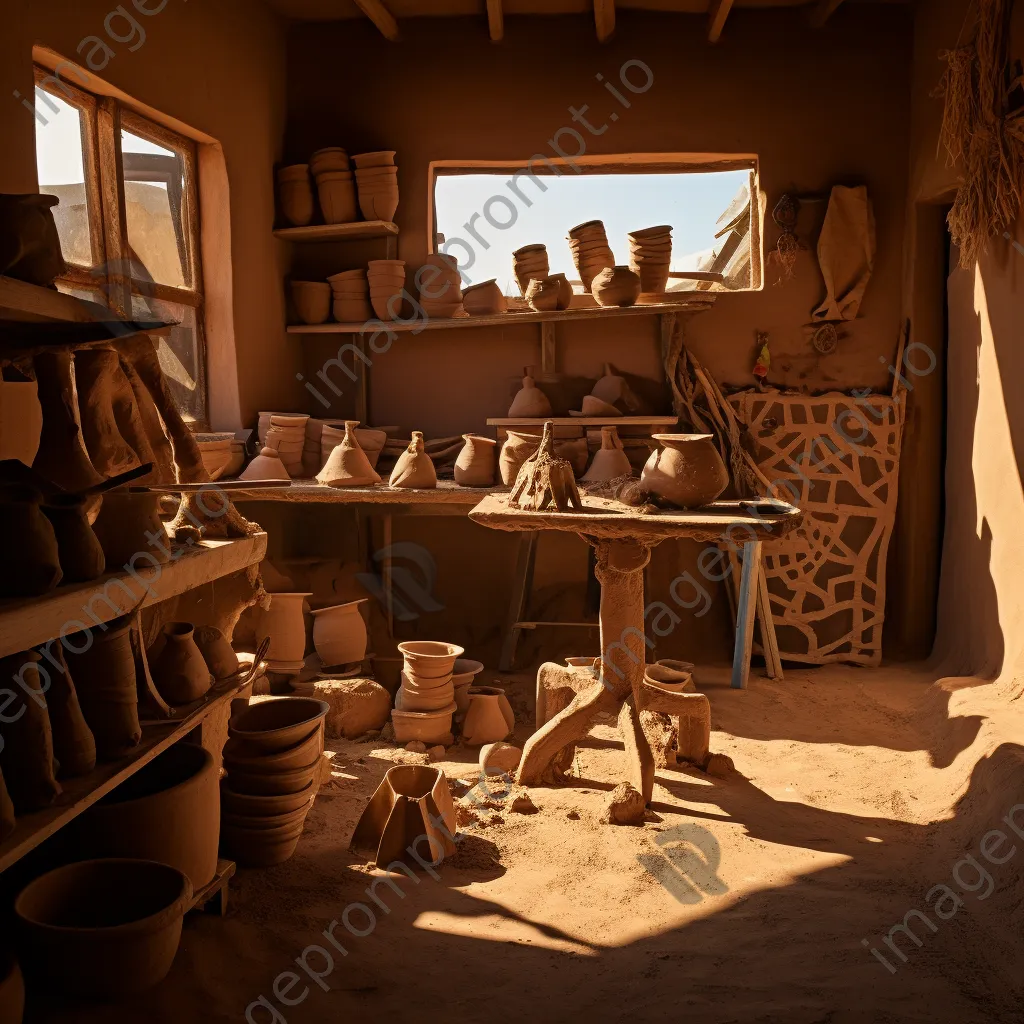 Dramatic shadows on drying clay pots in artist workspace - Image 1