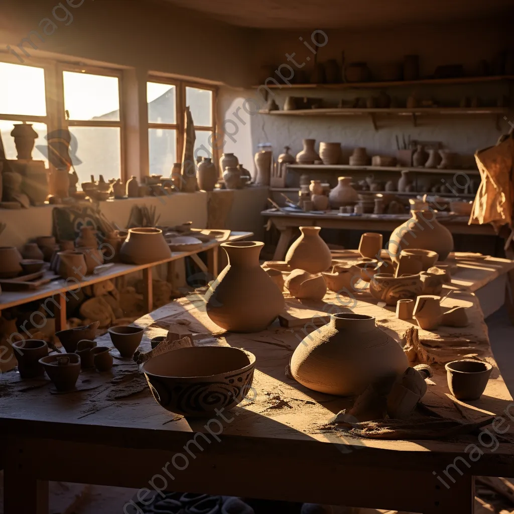 Dramatic shadows on drying clay pots in artist workspace - Image 2